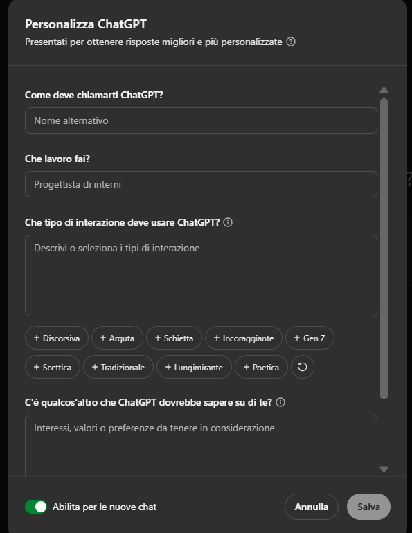 Finestra di personalizzazione dell'account ChatGPT: impostazioni per nome, lavoro, stile e preferenze