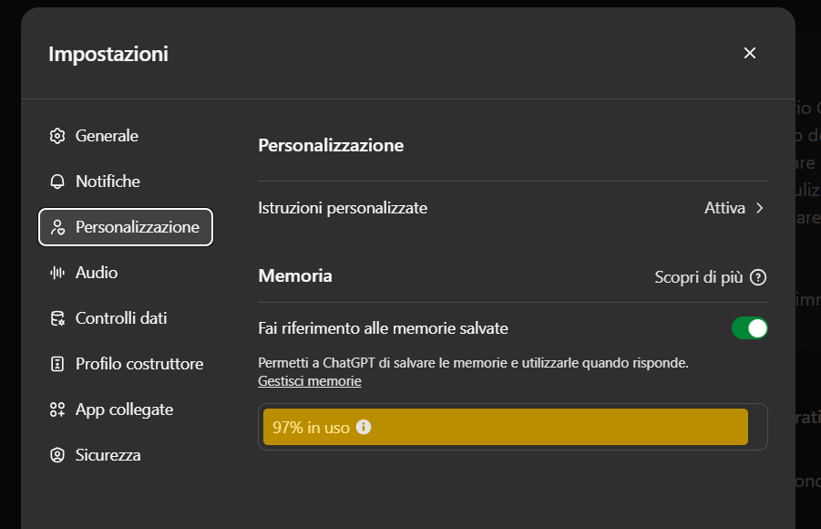 Gestione della memoria in ChatGPT: visualizzazione dello spazio usato e opzioni di eliminazione dati