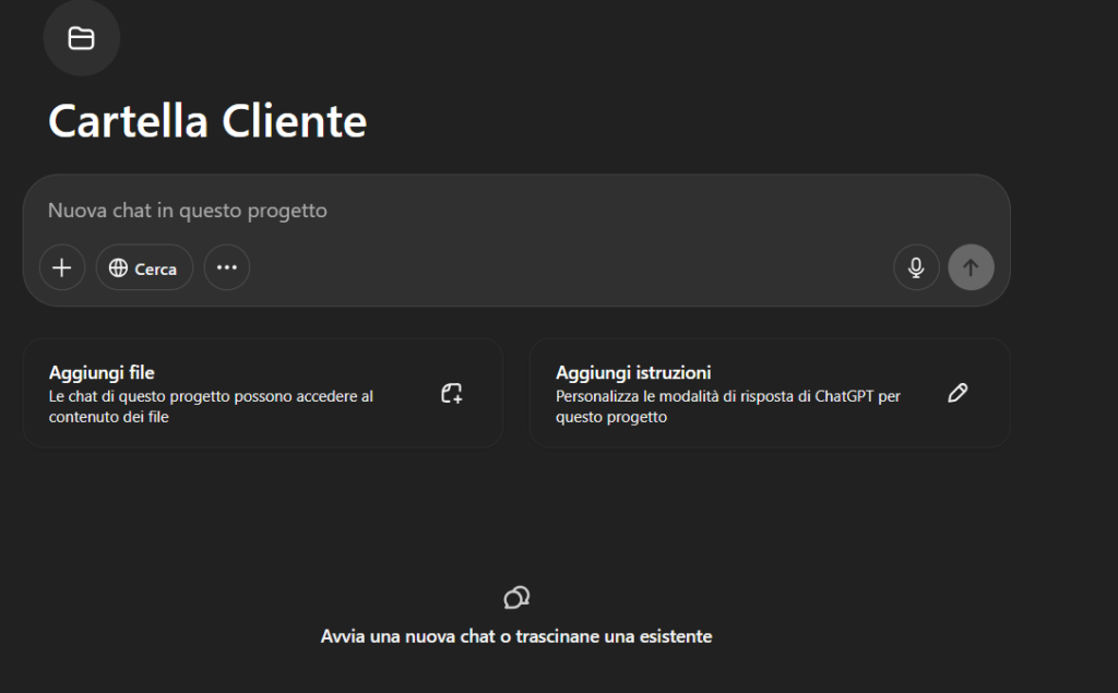 Esempio di cartella Progetti in ChatGPT con caricamento file e personalizzazione delle conversazioni