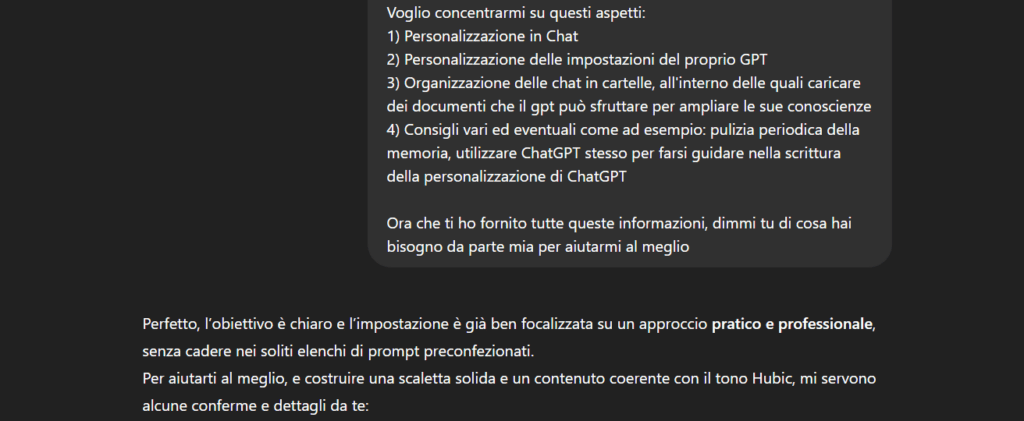 Interfaccia ChatGPT con l'esempio della chat utilizzata per creare questo articolo dove chiedo alla IA di pormi delle domande per costruire meglio l'articolo stesso.