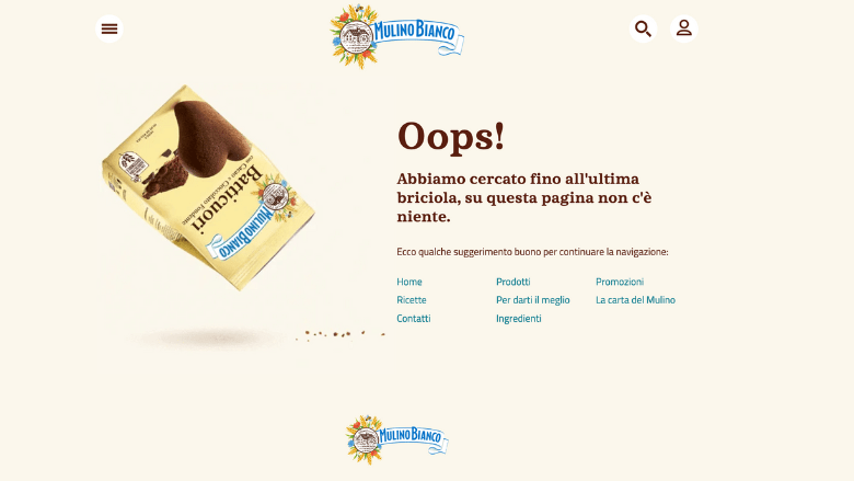 Pagina 404 Mulino Bianco con biscotto Batticuori e briciole che sono protagoniste anche del messaggio di errore.