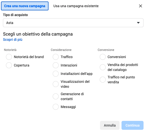 Facebook Ads: scelta dell'obiettivo della campagna