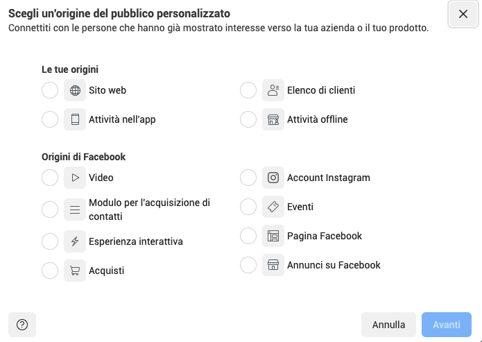 Facebook Ads: schermata di creazione dei Pubblici Personalizzati