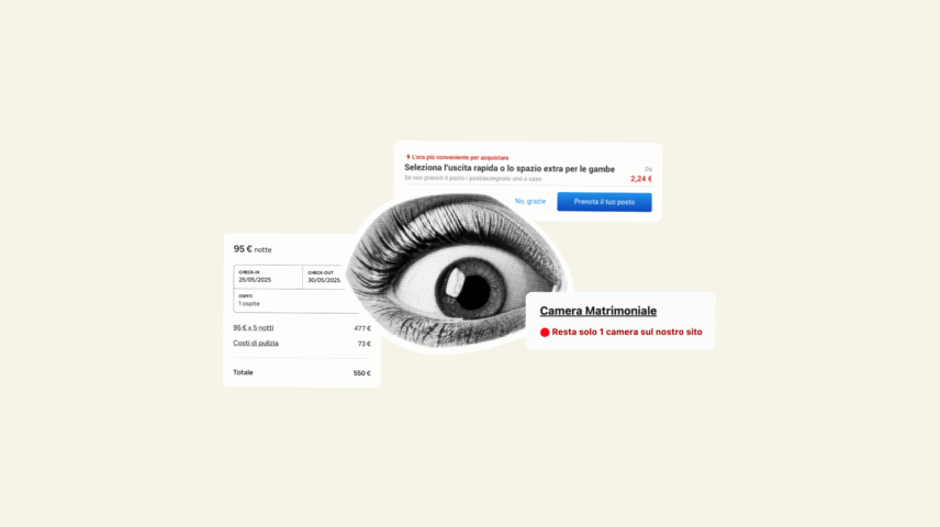 Esempi di dark pattern trovabili su molti siti web, su biglietti e destinazioni turistiche