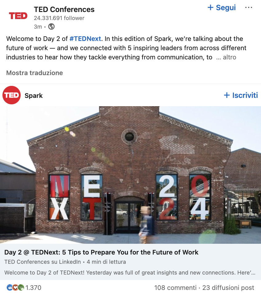 Schermata dalla pagine LinkedIn di TED Conference nella quale fa content repurposing di una sua conferenza trasformandola in articolo su LinkedIn.
