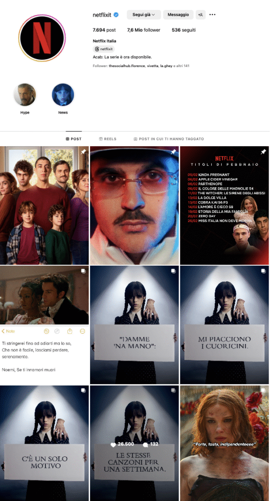 Uno screen dal profilo Instagram di Netflix, dove possiamo vedere la sua strategia di content repurposing