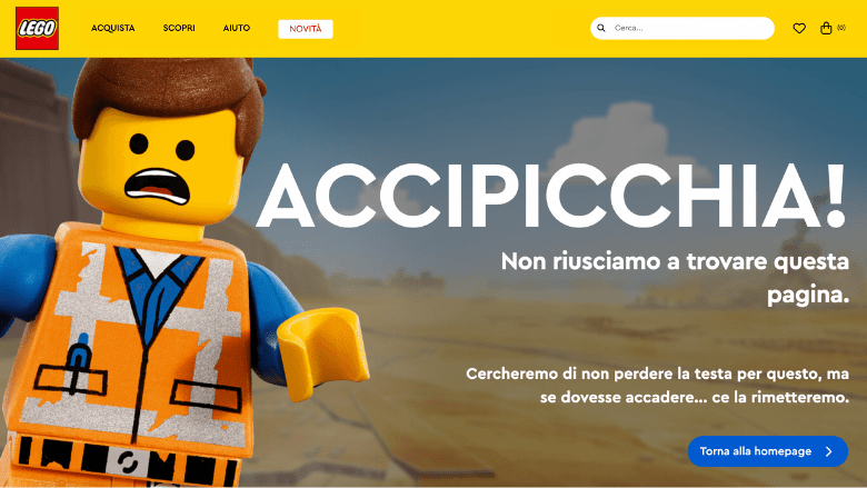 Pagina 404 Lego con personaggio del film Lego Movie e messaggio colorato di errore.