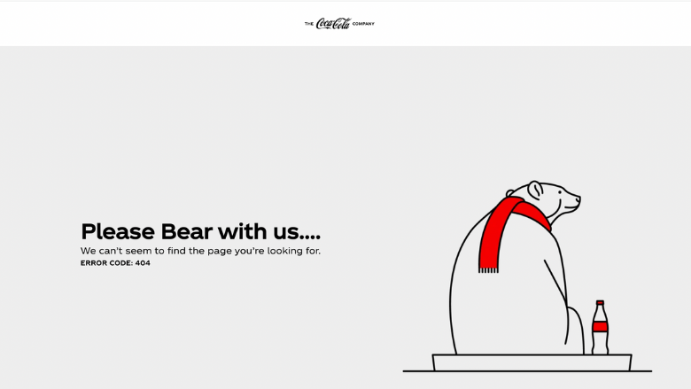 Pagina 404 Coca-Cola con orso polare e bottiglia di Coca-Cola accanto al messaggio di errore con un calembour sulla parola bear.
