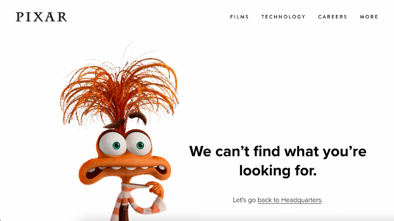 Pagina 404 Pixar con protagonista il personaggio Ansia di Inside Out e messaggio di errore