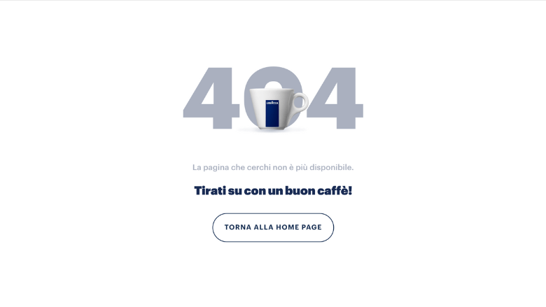 Pagina 404 Lavazza con tazza di caffè e invito a tornare alla home page tirandosi su con un buon caffè.