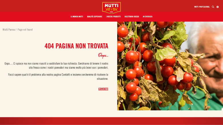 Pagina 404 Mutti con messaggio di errore simpatico e immagine di pomodori freschi.
