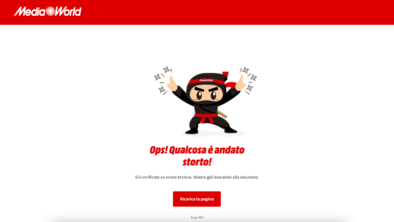 Pagina 404 di MediaWorld con illustrazione di ninja e un divertente messaggio di errore.