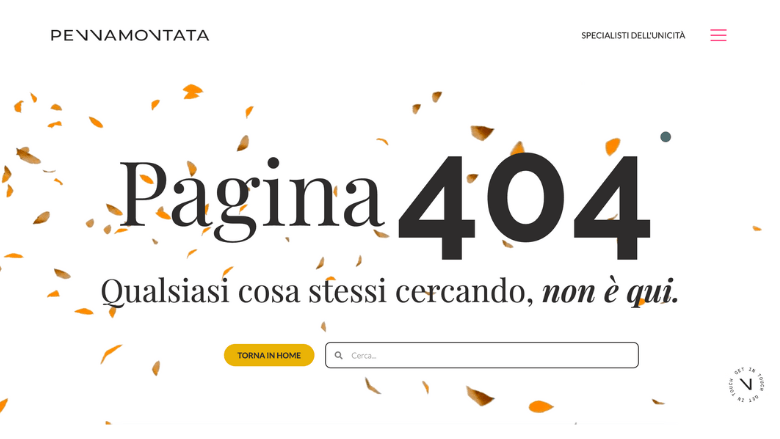 Pagina 404 personalizzata di Pennamontata con grafica di foglie e messaggio di errore creativo