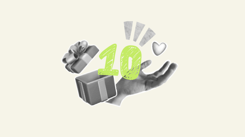 Una mano, un pacco regalo e il numero dieci sono i simboli che abbiamo scelto per raccontare i nostri primi dieci anni