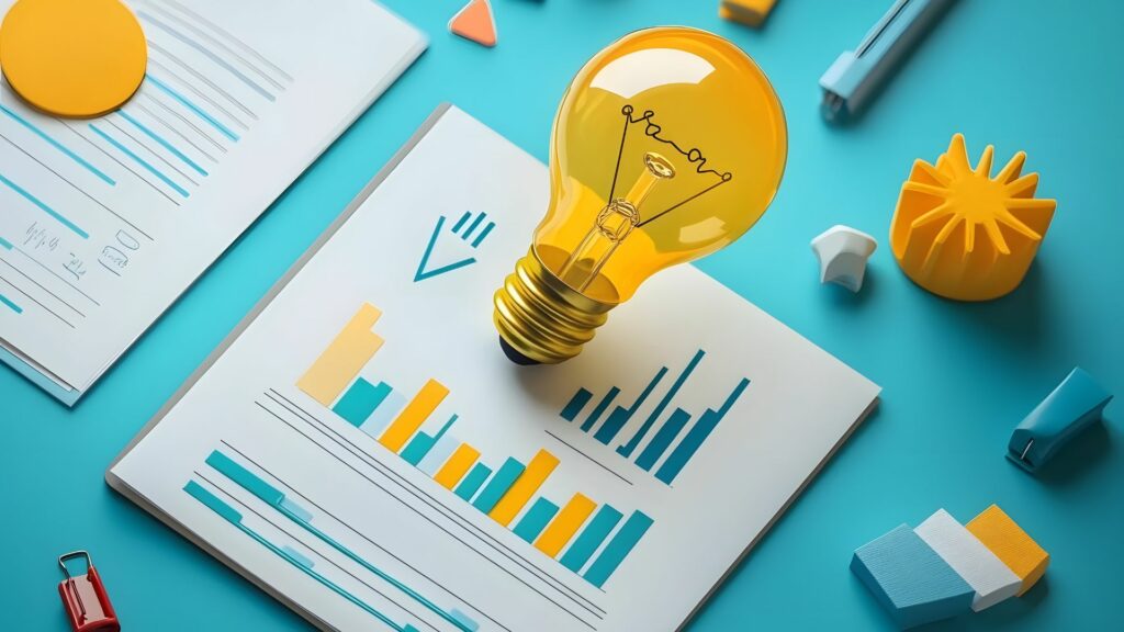 Strategia digitale agile rappresentata da grafici, appunti e una lampadina che simboleggia l'arrivo di nuove idee e l'ottimizzazione dei processi.