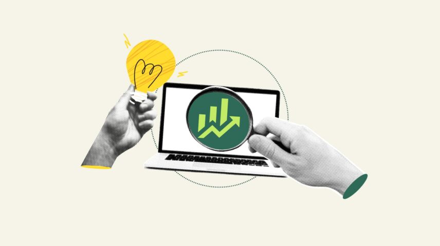 Approccio alla strategia digitale agile rappresentato da una lampadina e una lente d’ingrandimento che analizzano dati di crescita su un laptop.